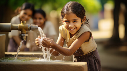 Child girl washing hand , world water day , a Natural climate change.
