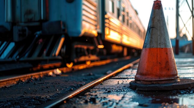 a train is outside of an orange cone, in the style of high quality photo, light azure and silver