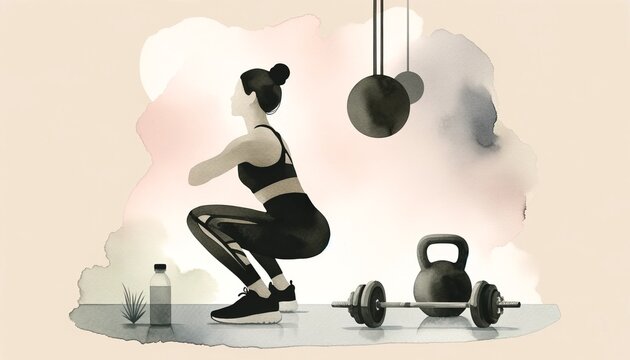 The image is a minimalist watercolor-style artwork of a woman performing a squat in a gym, with gym equipment around.