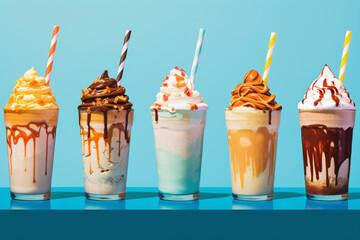 Different kind of milkshakes on blue background.