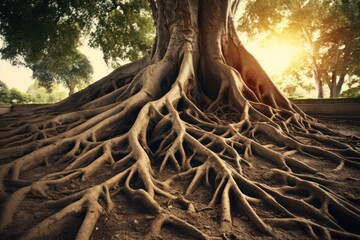 roots of a big tree closeup background. Shallow root system.