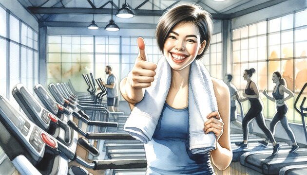 The image is a lively watercolor-style illustration of a woman giving a thumbs-up in a gym with people on treadmills in the background.