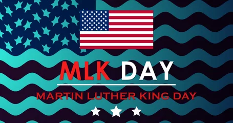 Fotobehang Martin Luther King Jr Day, MLK Day celebrate civil rights in US banner. Day of Service Concept of Unity and Equality graphic with national flag of USA patriotic African event liberty BG © PhoenixStock