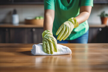 Close up hand of woman cleaning table in kitchen wearing gloves at home. - obrazy, fototapety, plakaty