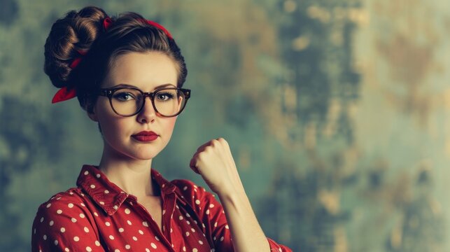 girl in a red blouse and glasses in retro style with a feminist slogan We Can Do It, hand clenched into a fist, banner