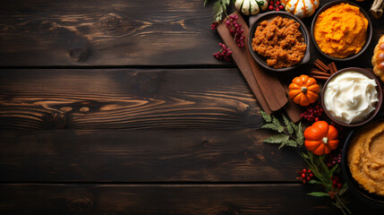 Top view table scene on a dark wood banner background