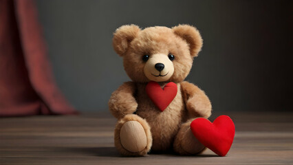Teddy bear with red heart on the wooden floor, valentines day gift