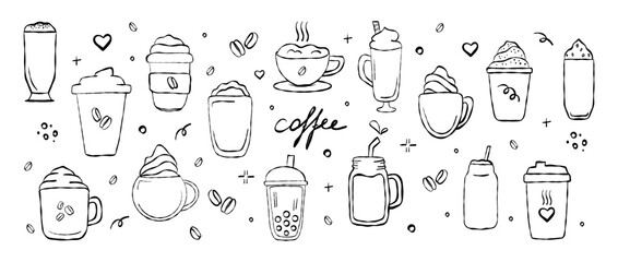 Hand drawn set of different types coffee beverage. Doodle vector illustrations isolated on white background. Espresso, americano, cappuccino, latte.