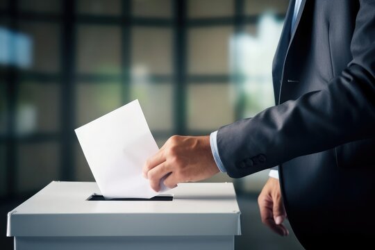 A photo of an employee casting a vote into a voting box, photo, photo realistic,