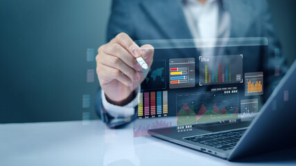 Businessman using Data analytics global tech for kpi accounting price big complex market, finance...