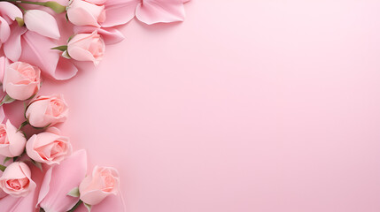 Naklejka na ściany i meble Pink roses on a blue background with a frame around the bottom, generative ai