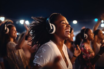 A silent disco party with black and brown people dancing on the beach at night, all dancers are wearing white headphones