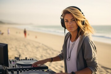 A woman ukraine beautiful middle of DJing on top of a beach, strong facial expressio