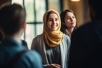 A dynamic photograph of an American student talking with a group of different international students who are smiling