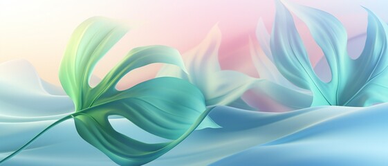 Screensaver: Monstera leaf's dance in fluid shapes against a serene, pastel-colored sky
