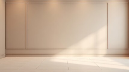 Fototapeta premium A light gray and beige wall with decorative panels and a smooth floor with interesting highlights and shadows.