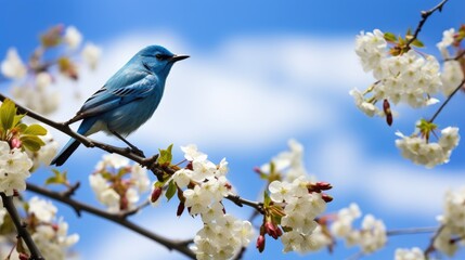 A lovely bird settled on the branch, enjoying the beautiful flowers and the blue sky and white clouds,