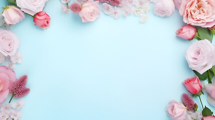 Pink roses on a blue background with a frame around the bottom, generative ai