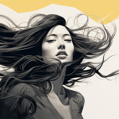 Portrait d'une belle jeune femme d'origine asiatique avec les cheveux au vent, portrait noir et blanc avec une touche de jaune - obrazy, fototapety, plakaty