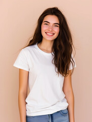  mockup t-shirt wearing on a model	. beige background