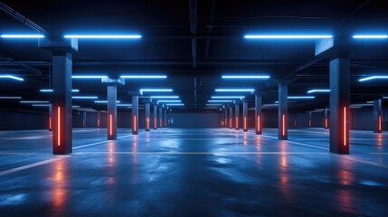 Fototapeta premium Abstract empty parking interior with concrete pillars and neon lights