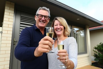 An attractive middle aged sydney couple celebrating in front of their new house,