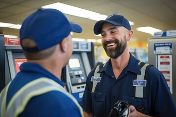 An attendant from the gas station, wearing blue uniform and cap, guides smiling a client in the use of the automatic payment machine.
