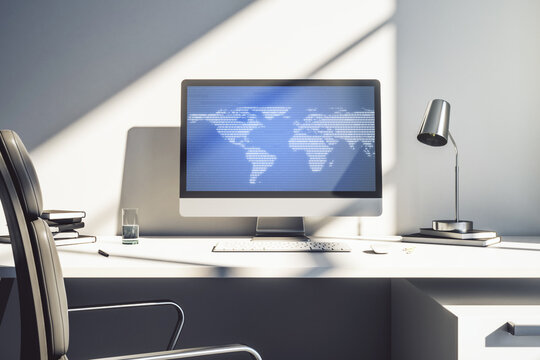 Abstract creative world map on modern laptop screen, international trading concept. 3D Rendering