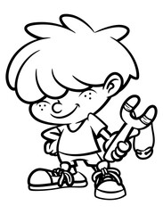 Cartoon illustration of little Boy wearing casual outfit playing with his catapult. Best for outline, logo, and coloring book with childhood themes