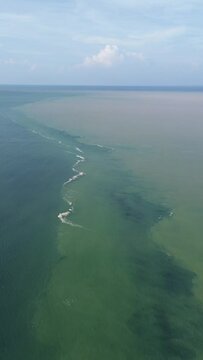 Vertical Aerial Footage of Confluence of Seawater and Freshwater in the Waters of Gorontalo, Indonesia. Halocline in the water