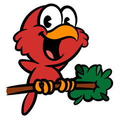 Cartoon illustration of Red Little Bird singing and dancing on a tree branch, best for sticker, logo, and mascot with nature themes