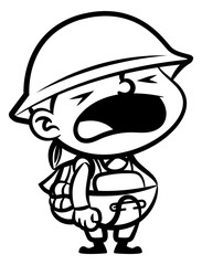 A Little Army with military equipment, crying while wearing baby diapers. Best for outline, logo, and coloring book with world war themes