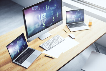 Creative concept of USD symbols illustration on modern laptop screen. Trading and currency concept. 3D Rendering