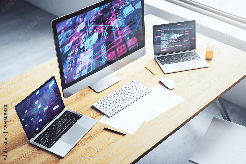 Leinwandbilder modern computer display with abstract programming language hologram, artificial intelligence and mac