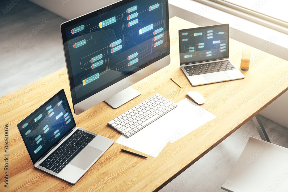 Aufkleber Computer monitor with abstract creative programming illustration, big data and blockchain concept. 3D Rendering