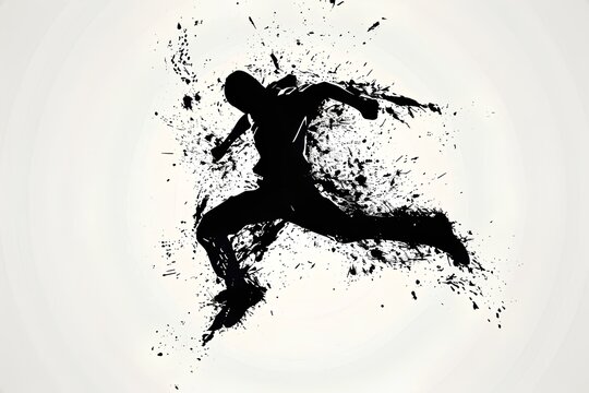 Jump and kick sideways in the air, pictogram, vector, dynamic movement, monochrome, china ink, sketch, graffiti, splatter paint, white background, full body standing. generative AI