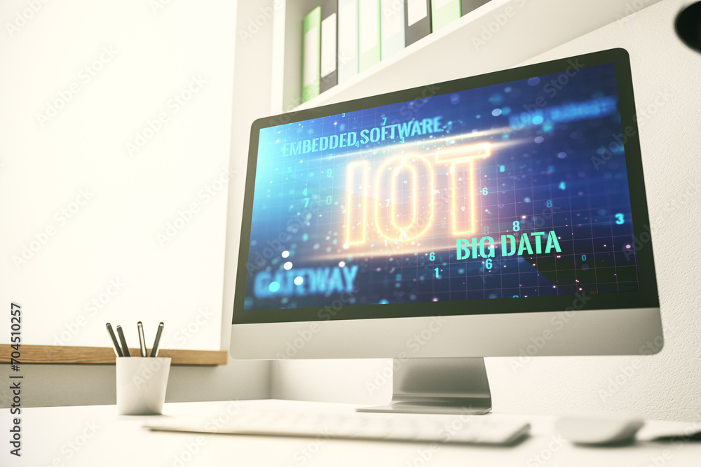 Fototapete modern computer monitor with creative iot hologram, research and development concept. 3d rendering