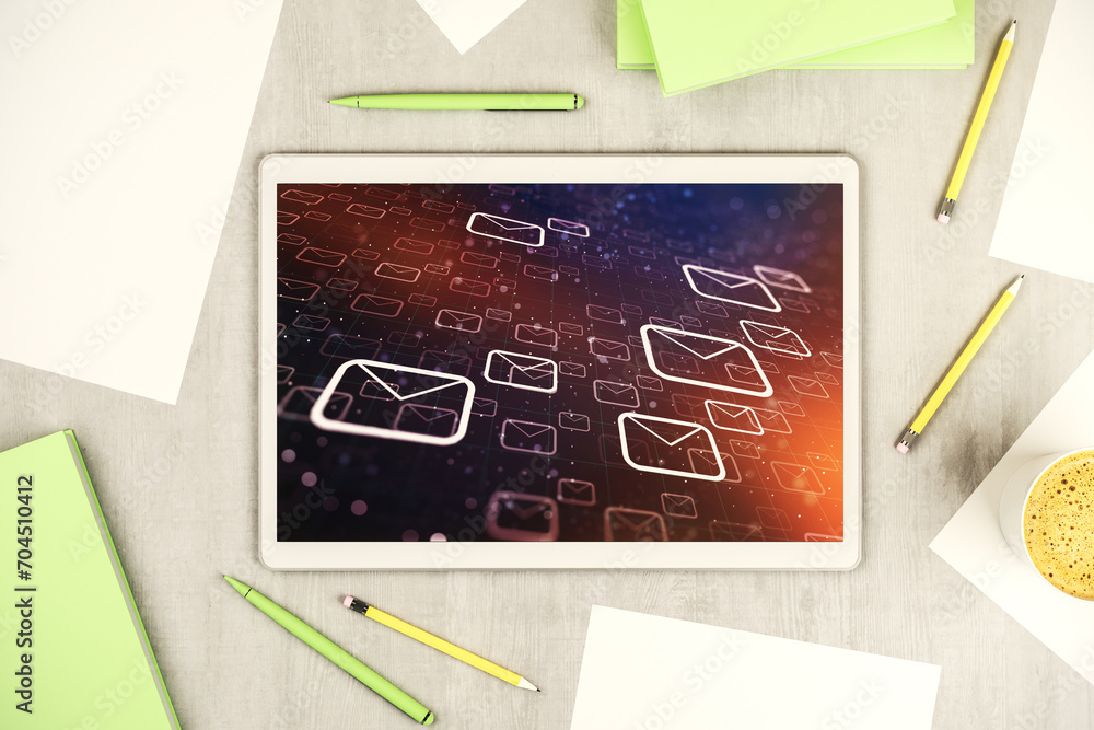 Poster Top view of modern digital tablet monitor with postal envelopes hologram. Electronic mail and spam concept. 3D Rendering