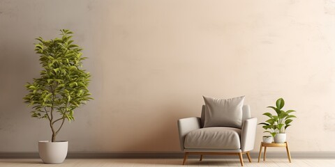 Living room with plant and armchair.