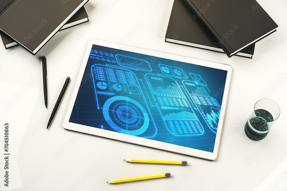 Aufkleber top view of modern digital tablet display with abstract creative analytics data spreadsheet, analyti