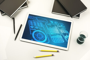 Top view of modern digital tablet display with abstract creative analytics data spreadsheet, analytics and analysis concept. 3D Rendering