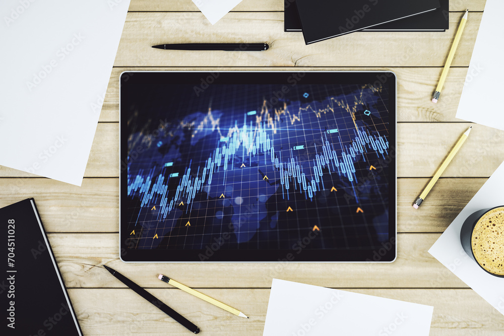 Aufkleber top view of abstract creative financial diagram with world map on modern digital tablet screen, bank