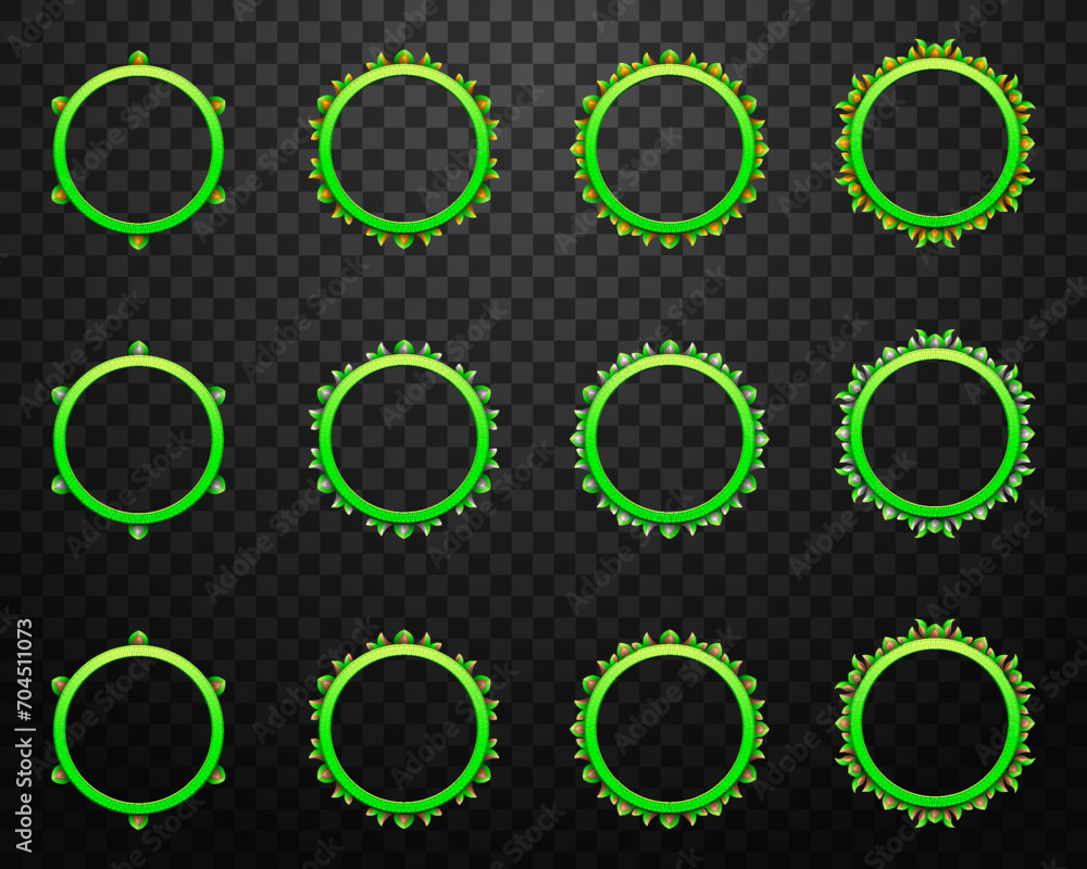 Poster fantasy green game avatar frame with gold, silver and bronze elements for game ui designs