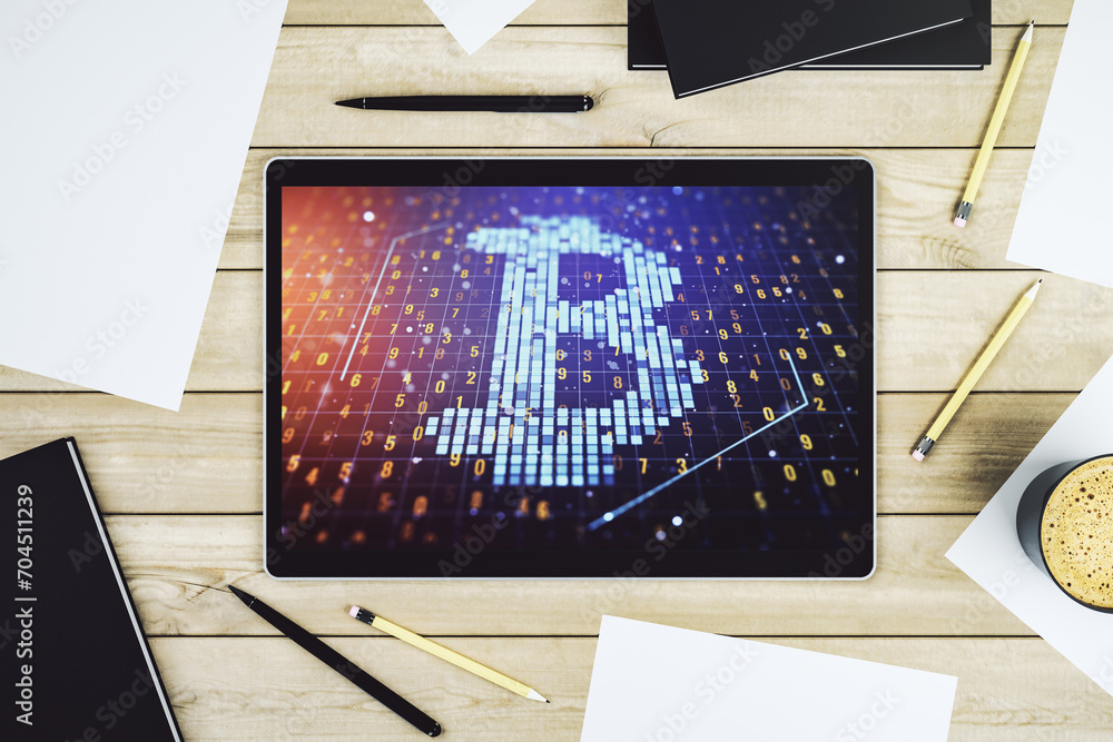 Poster Creative Bitcoin concept on modern digital tablet screen. Top view. 3D Rendering