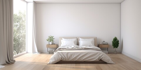 Minimalist bedroom with double bed, mirror on wooden floor, white wall, large window with curtains, and free space.