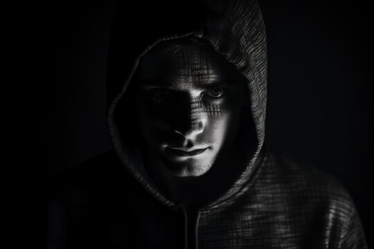 a person in a black hoodie, with a dark background of binarycodes, in the style of aggressive digital illustration, monochrome portraits, demonic photograph, emphasis on facial expression, technologic