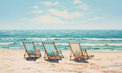 The vast ocean borders the sandy beach, under a sky painted with summer hues. Lounge chairs dot the landscape, ensuring a tranquil vacation escape.