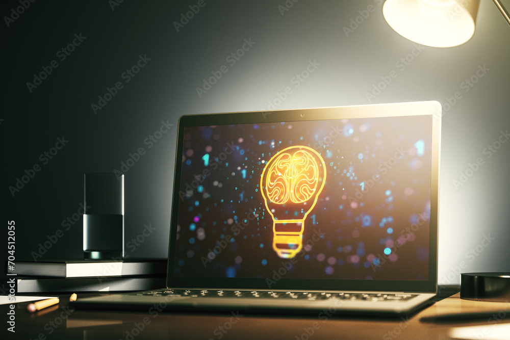 Fototapete modern computer monitor with creative light bulb hologram with human brain, idea and brainstorming c