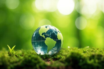 Obraz na płótnie Canvas Globe in Green, Nature's Harmony - A glass globe surrounded by lush greenery.