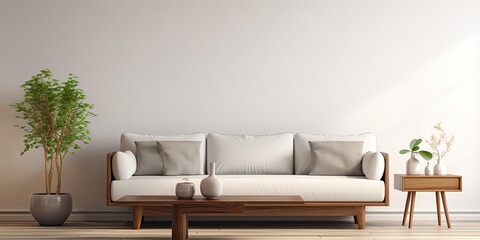 Fototapeta na wymiar Living room featuring a stylish sofa and table.
